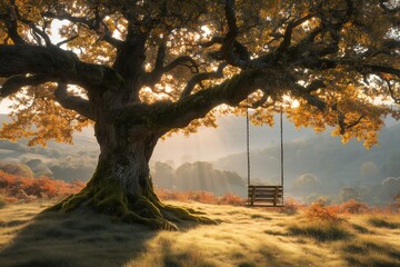 Scenic oak tree with hanging wooden swing against a tranquil landscape during sunset, golden light filters through, concept for family outings, peaceful retreats and nature photography
