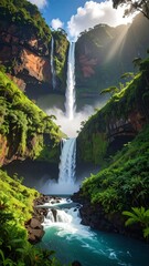 Majestic waterfalls cascade through lush, vibrant, green, mountainous jungle terrain
