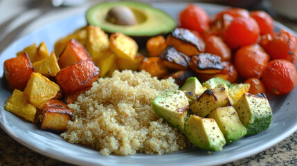 A colorful bowl showcasing roasted vegetables, avocado, quinoa, & tomatoes. Healthy meal