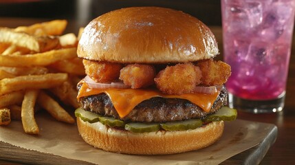 Delicious Cheeseburger with Crispy Fries and Refreshing Drink.