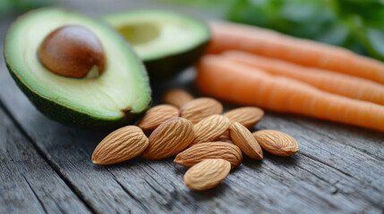 Freshly cut avocado, carrots, and almonds arranged on rustic wooden surface