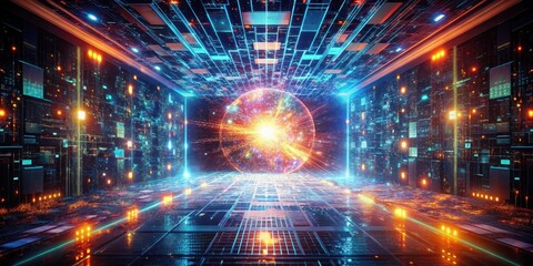 Fototapeta premium A Futuristic Corridor of Illuminated Data Streams Leading to a Glowing Central Core of Energy