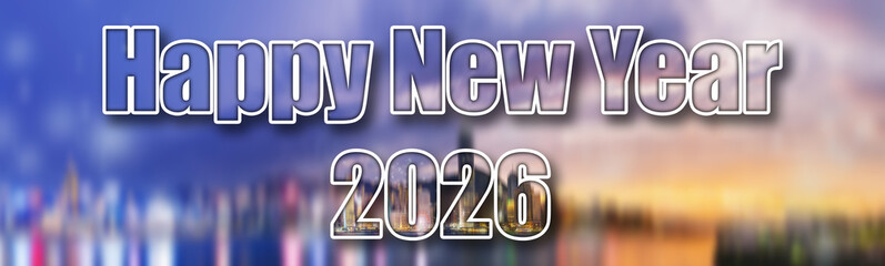 A festive cityview of Hong Kong anticipates the Year 2026. Modern buildings rise under a vibrant...