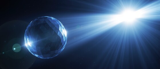 Blue faceted sphere glowing with radiant energy, casting light beams in a dark futuristic space. Futuristic, sci-fi, and energetic.