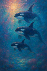 Majestic orca pod swimming gracefully in the deep blue sea with vibrant sunlight shimmering above, a stunning depiction of marine life