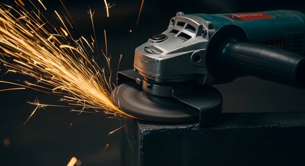 A power tool, sparks flying, grinding metal in a workshop environment, close up