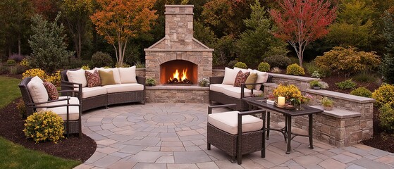 Outdoor stone fireplace with sofa seating on stone-paved backyard patio. Autumn landscaping, cozy luxury design with warm fire.