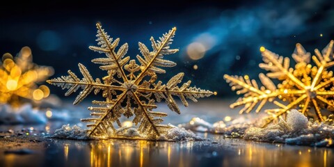 Sparkling Golden Snowflake Ornament Resting on Frosty Surface with Festive Lights