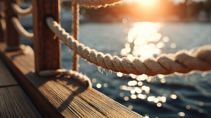 Commercial photo of sunset, seaside, pier and rope scene
