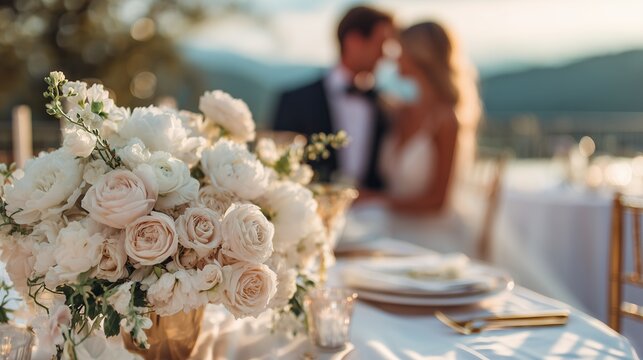 Close-up elegant wedding floral arrangement, with couple in background out of focus during reception. Concept for romantic event decor, marriage celebration and bridal inspiration
