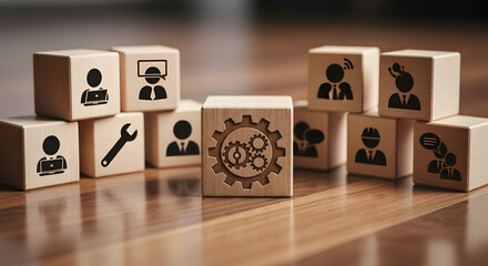 Wooden blocks with business icons symbolize teamwork and operations success