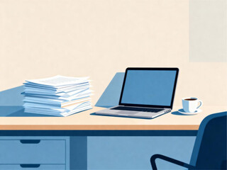 Naklejka premium A laptop on a desk with papers and a cup of coffee beside it in a calm office environment viewed from the side