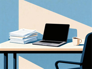 Fototapeta premium A laptop and documents on a desk with a cup of coffee in a modern office setting viewed from the side