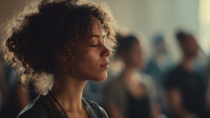 Young woman with curly hair practices mindfulness meditation with blurred people in background, concept for wellness retreat, spiritual healing and stress relief