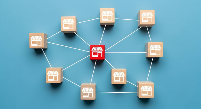 Connected franchise stores in network, red center hub, business growth concept