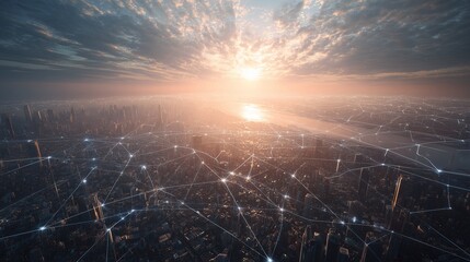 Aerial view of a city skyline at sunset with network connections overlaying the urban landscape, concept for smart city infrastructure, global communication networks and data visualization