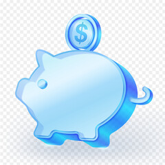 3D transparent glass piggy bank with a coin featuring a dollar symbol, symbolizing saving money, finance, investment and banking concepts. Vector illustration.
