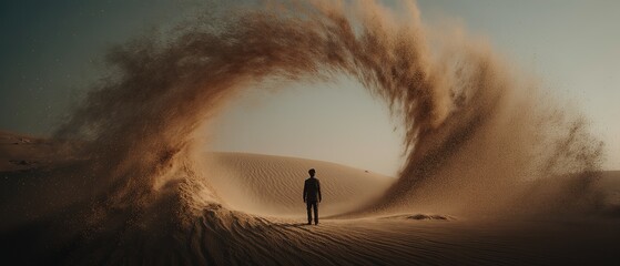 A lone man stands in the center of a vast sand spiral, forming an immersive desert vortex under warm sunlight.
