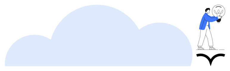 Individual holding a glowing lightbulb while standing on a narrow edge next to a large cloud shape. Ideal for innovation, creativity, risk-taking, cloud computing, problem-solving, ambition