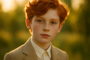 Random photo effect, close-up of a striking red-haired boy looking at the camera on a summer day during golden hour. Sophisticated elegance.