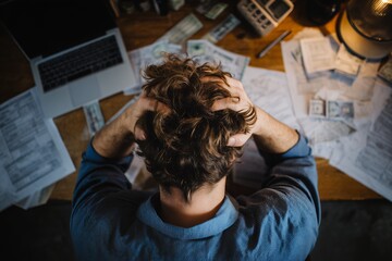 Overhead shot of stressed man with head in hands at cluttered desk covered in bills and laptop, concept for financial difficulties, small business challenges and debt management