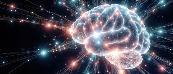 Abstract artistic visualization of neural links forming a glowing digital network. Futuristic AI-inspired concept in vivid color.