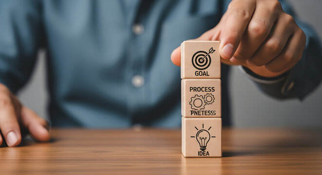 Achieve business success stacking idea process and goal blocks