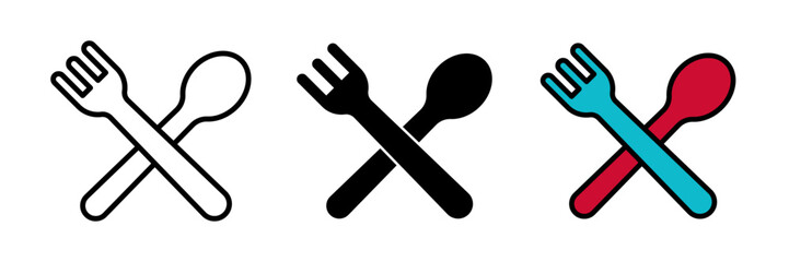 Spoon and fork icon isolated on white background with stroke, filled and colored concept for web design.