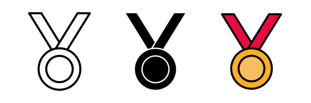 Sport medal icon achievement metallic winning sign icon flat stroke, filled and colored concept for web design.