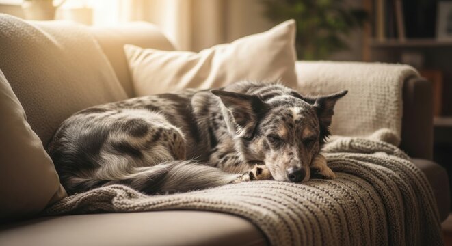 Cozy Australian Shepherd dog sleeping soundly on a warm comfortable sofa at home