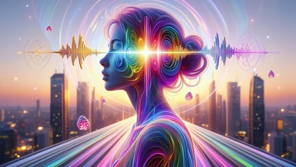 A glowing human silhouette with a dazzling synesthetic head burst radiates colors and energy against a modern city backdrop.