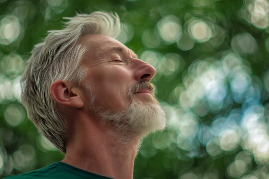 Mature man with grey hair and beard inhales deeply with eyes closed against a blurred green background, concept for relaxation practices, mindfulness exercises and wellbeing promotions - Powered by Adobe