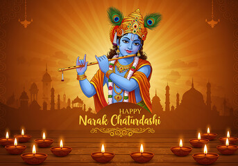 Naklejka na ściany i meble Happy Narak Chaturdashi with Lord Krishna and cityscape.