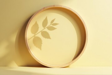 A Pale Yellow Background Featuring a Circular Wooden Frame with a Leaf Shadow