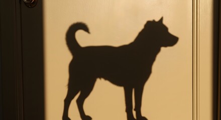 Fototapeta premium A dog's silhouette cast by light on a door. The shadow's form is detailed and clear
