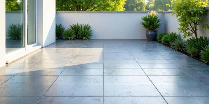 Serene outdoor patio with modern gray tiles, lush greenery, and bright sunlight reflecting off the smooth surface.