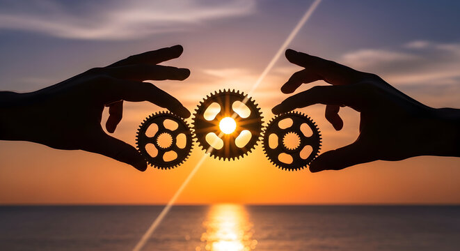 Hands aligning gears at sunset symbolizing teamwork and successful project completion