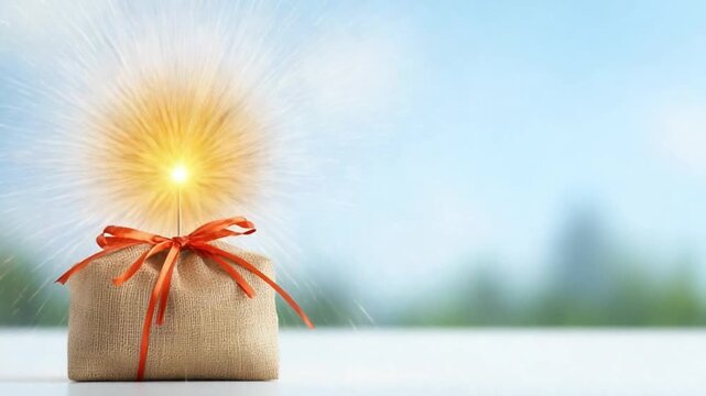 Enchanted Gift: A charming gift tied with a vibrant orange ribbon is presented against a bright, sunny backdrop, symbolizing delight and affection.