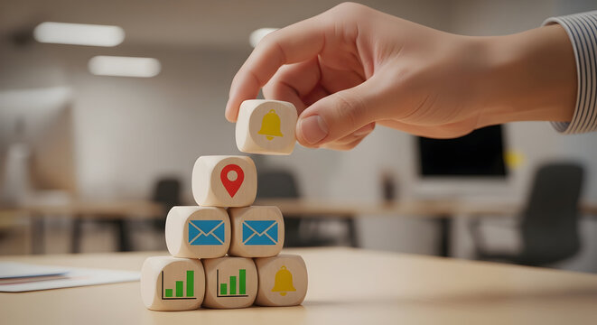 Hand stacks notification, map, email, and graph icon cubes in office - Powered by Adobe
