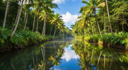 Serene Tropical River: Palm Trees Reflected in Calm Water Under Blue Sky