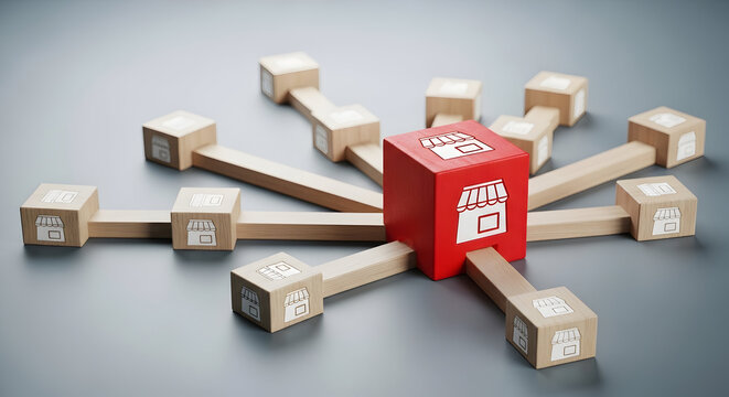 Business franchise expansion concept with connected wooden blocks and shop icons