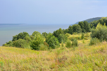 Obraz premium Scenic View of a Grassy Hillside Overlooking a Large Body of Water with rainy sky