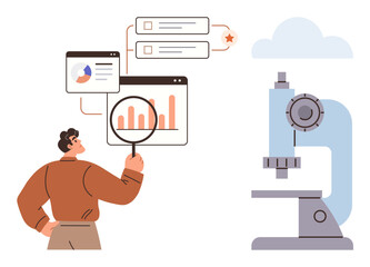 Obraz na płótnie Canvas Person analyzing charts using magnifying glass, exploring growth and insights. Microscope for scientific study included. Ideal for analytics, research, education, science, innovation, investigation