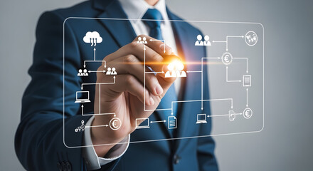 Business professional designs innovative strategy chart on digital screen