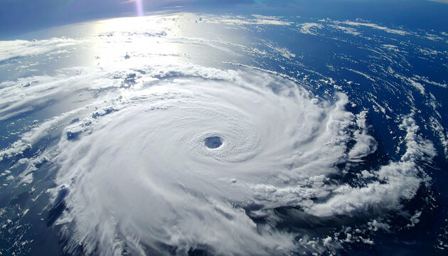 Epic aerial footage of swirling hurricane over blue ocean, storm clouds forming spiral arms
