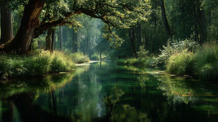 old trees leaned over a picturesque forest river