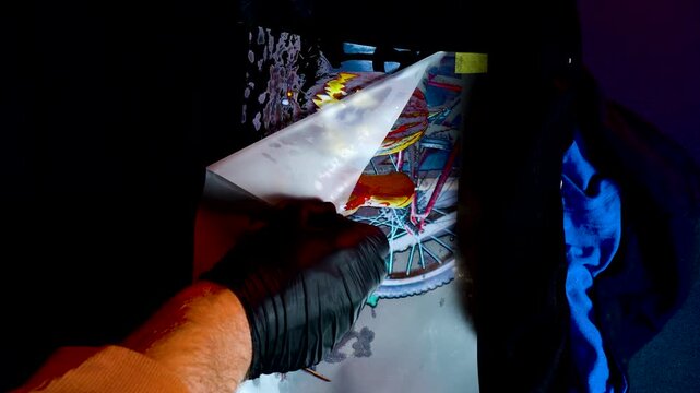 autumn holiday Halloween 2025 scary pumpkins digital printing technology on textiles direct to film at home transferring an image from film to a t-shirt or fabric in blood red light in the dark