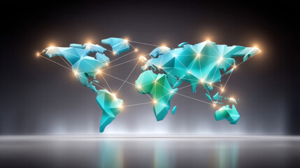 High tech industrial world map network glowing nodes modern polygonal continents connected across global surface creating futuristic data