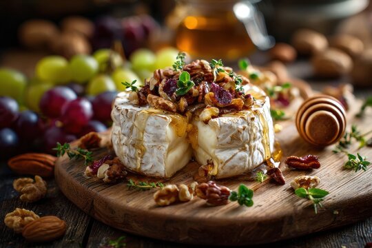 Delicious creamy brie cheese wheel stuffed with dried fruits nuts and herbs on a rustic wooden board surrounded by fresh grapes almonds and honey with a cozy warm atmosphere - Powered by Adobe