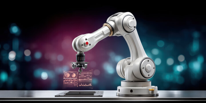 High tech industrial robotic arm assembling electronic circuit board in futuristic clean factory with data overlay and cool lighting - Powered by Adobe
